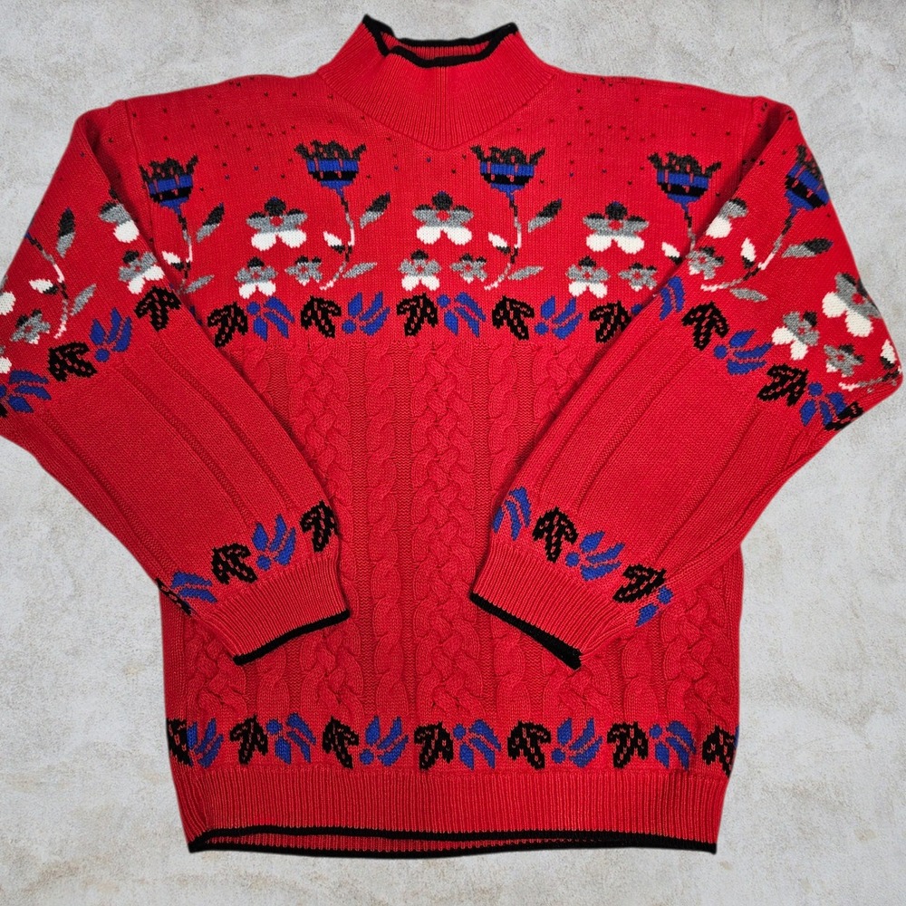 Vintage Carriage Court Red Floral Cable Knit Sweater Size Medium Cottagecore H71
